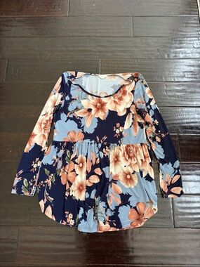 Floral Babydoll Long-Sleeve Top in Navy and Peach